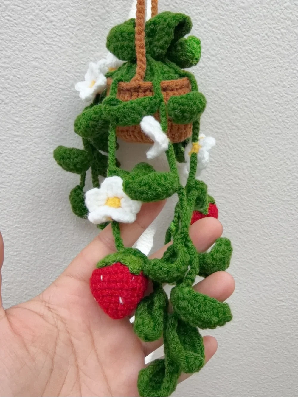 Handmade Crochet Hanging Strawberry Plant Decor - Green & Red